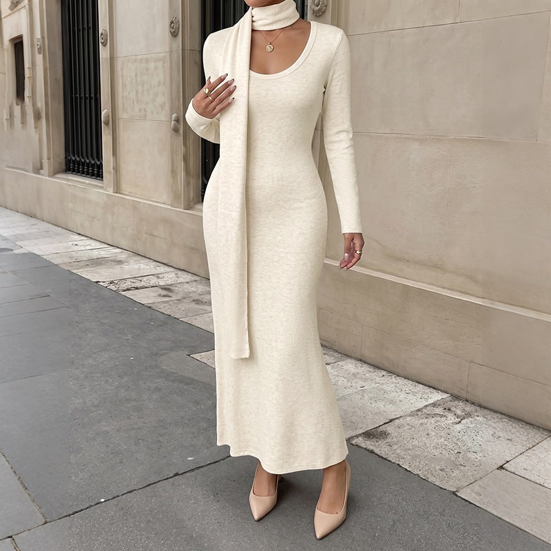 Square Neck Knit Bodycon Maxi Dress Long Sleeve Scarf Flare