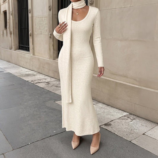 Square Neck Knit Bodycon Maxi Dress Long Sleeve Scarf Flare