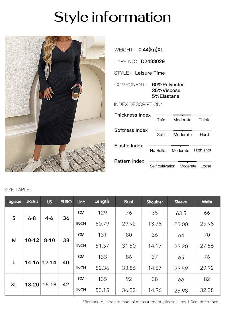 Women's Waisted V-Neck Long Sleeve Wrap Hip Dress