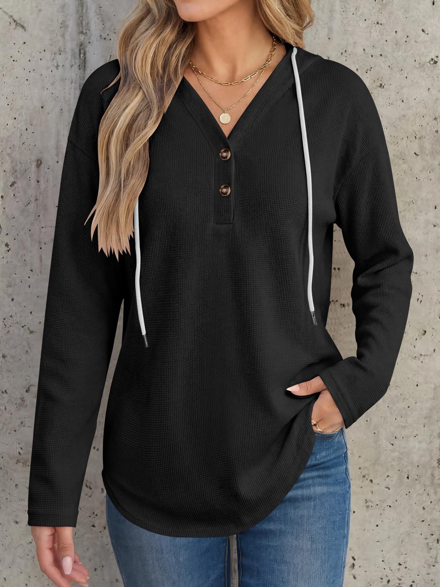 Solid Waffle Hoodie Pullover Casual Button Long Sleeve