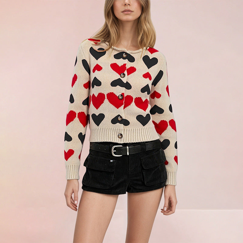 Women's Heart Print Color Block Knit Button Front Cardigan