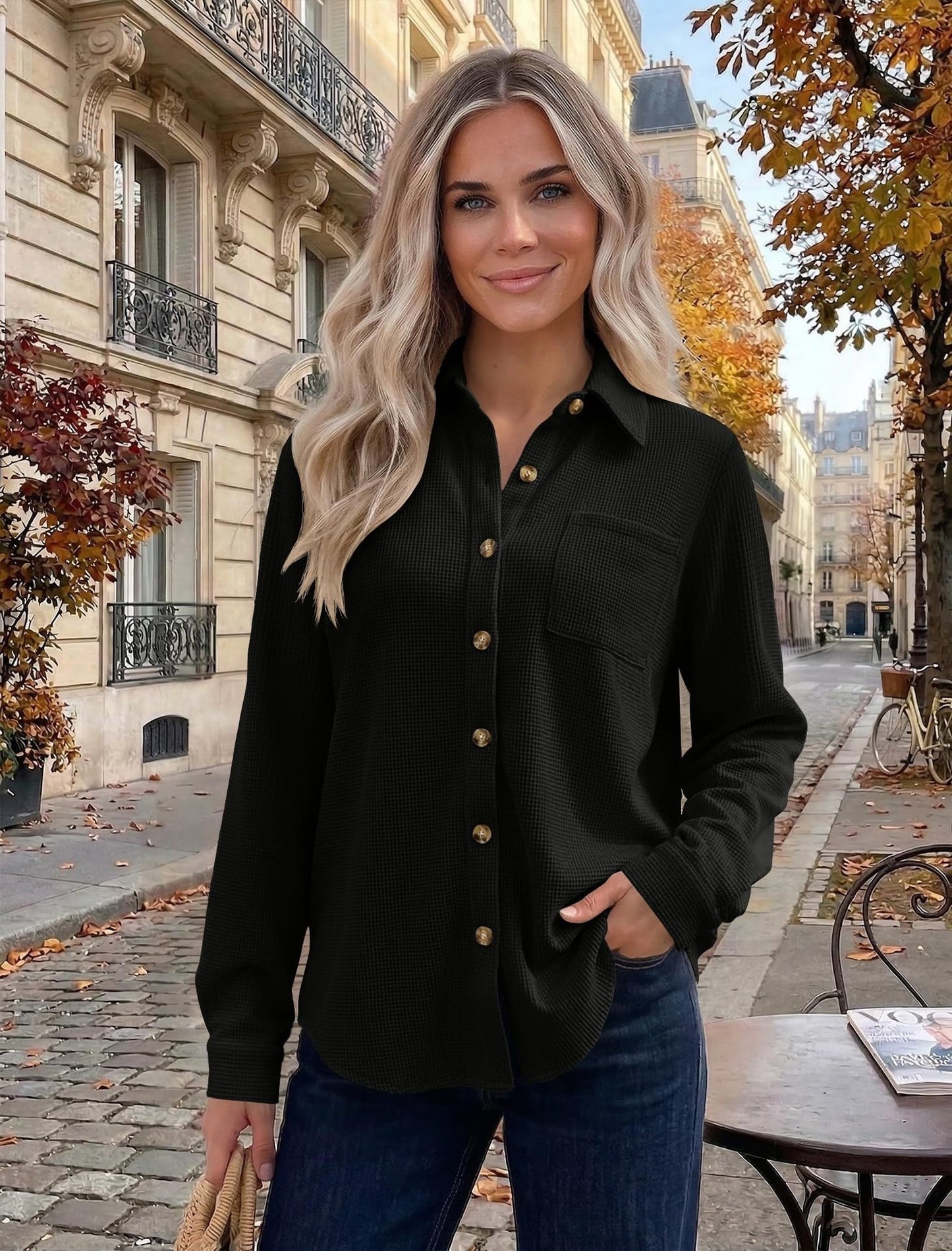 Waffle Knit Button Down Shacket Casual Long Sleeve Top