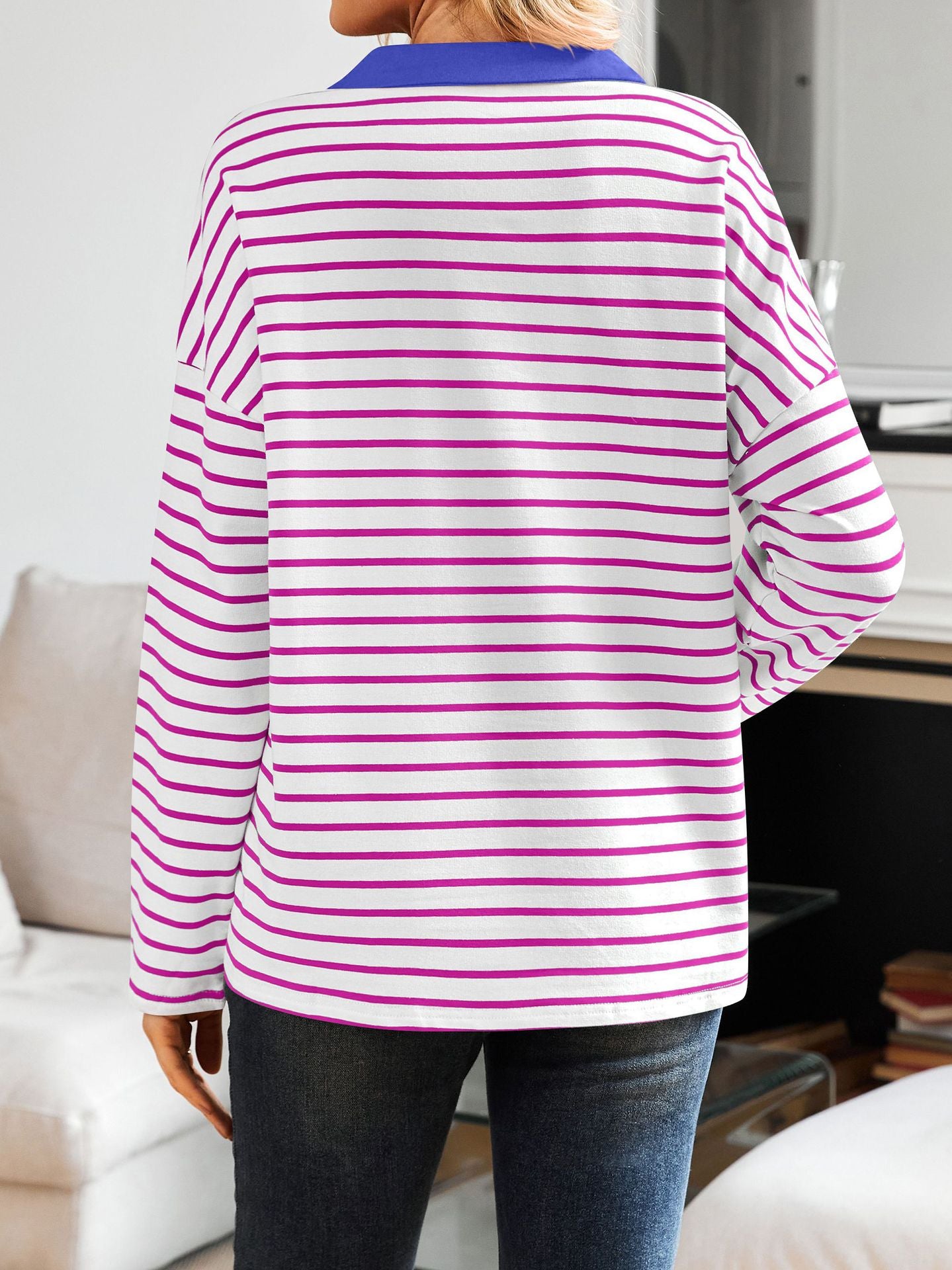 Striped V-neck Loose Sweatshirt Lapel Sweater