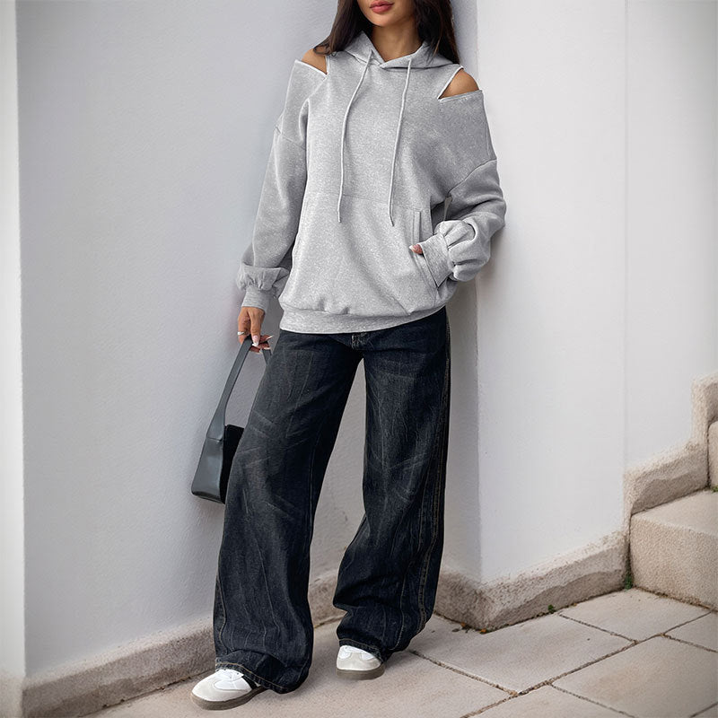 Gray Cold Shoulder Hoodie Women Drawstring Pullover Sweatshirt