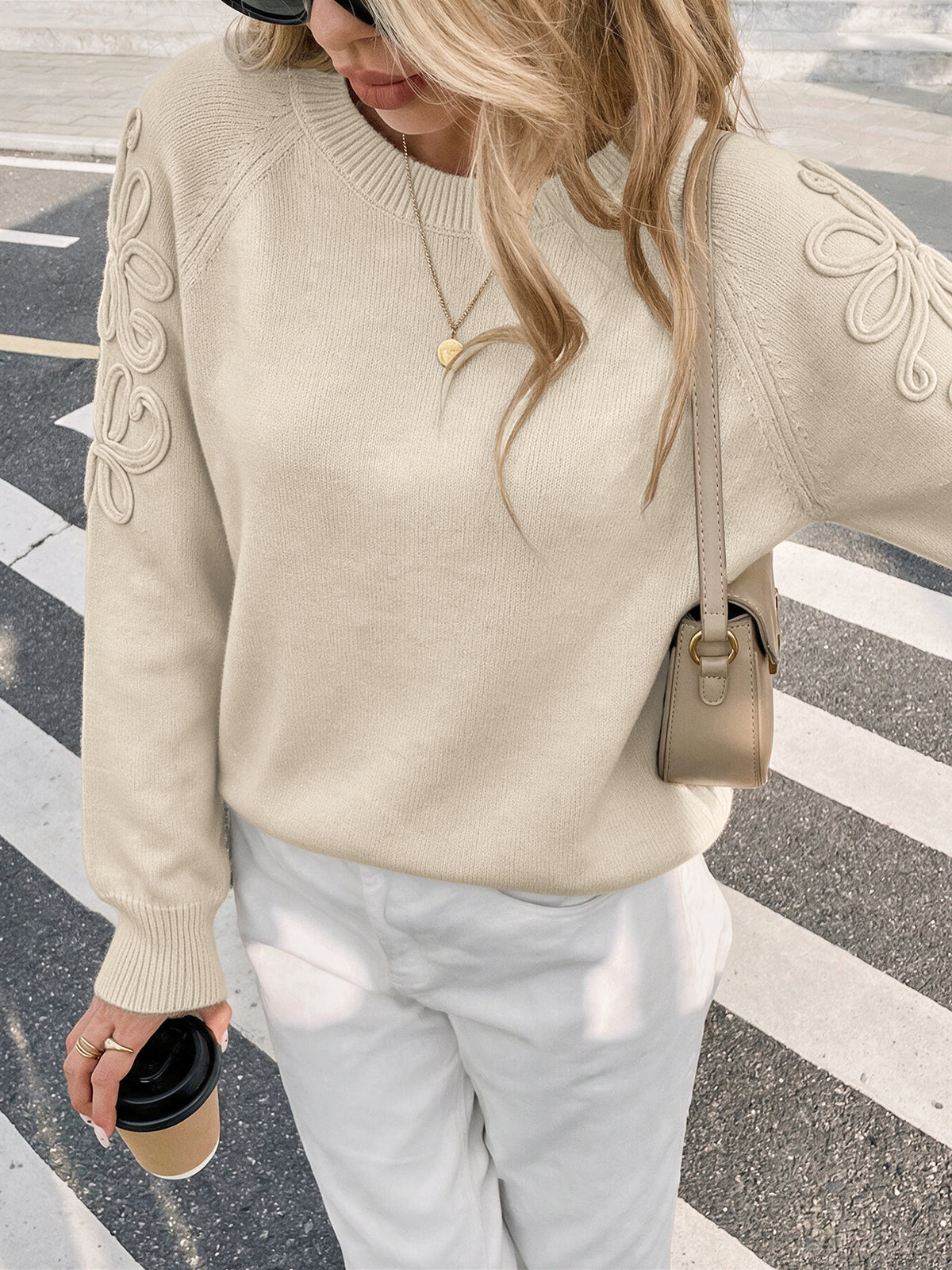 Women's Oversized Floral Embroidered Crew Neck Sweater