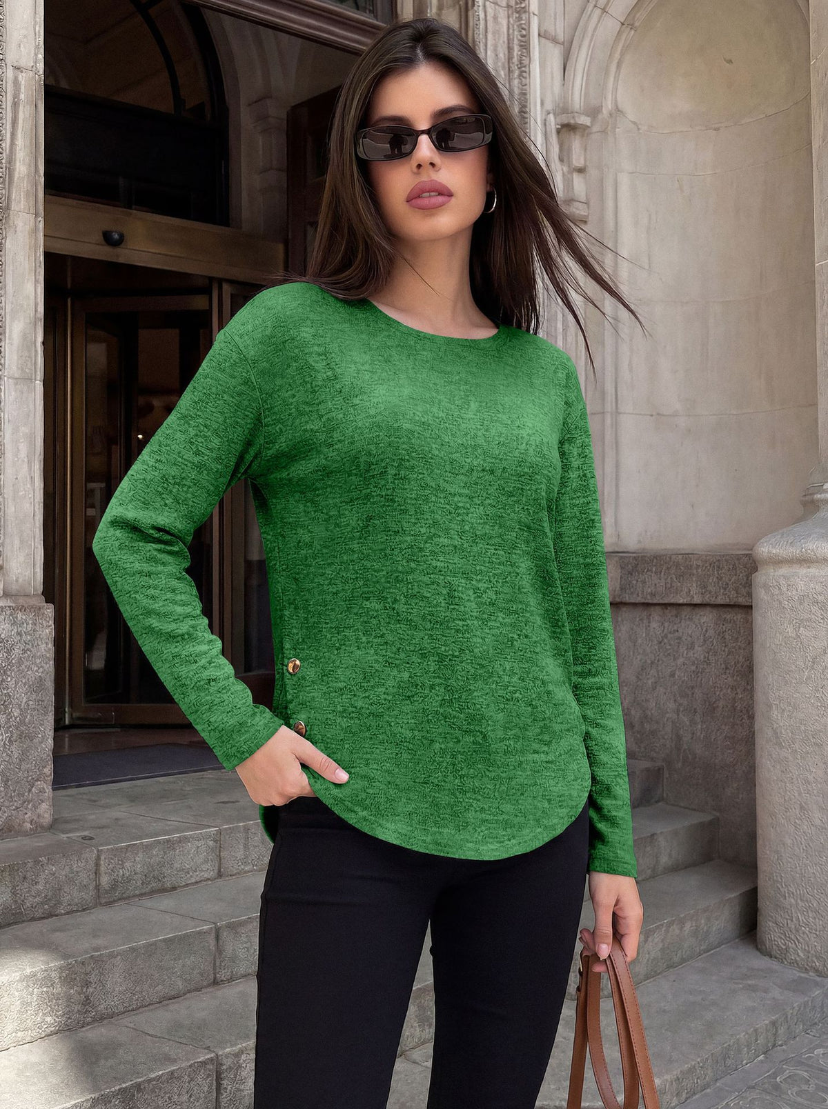 Women's Loose Long Sleeve Side Button Slit Tunic Top