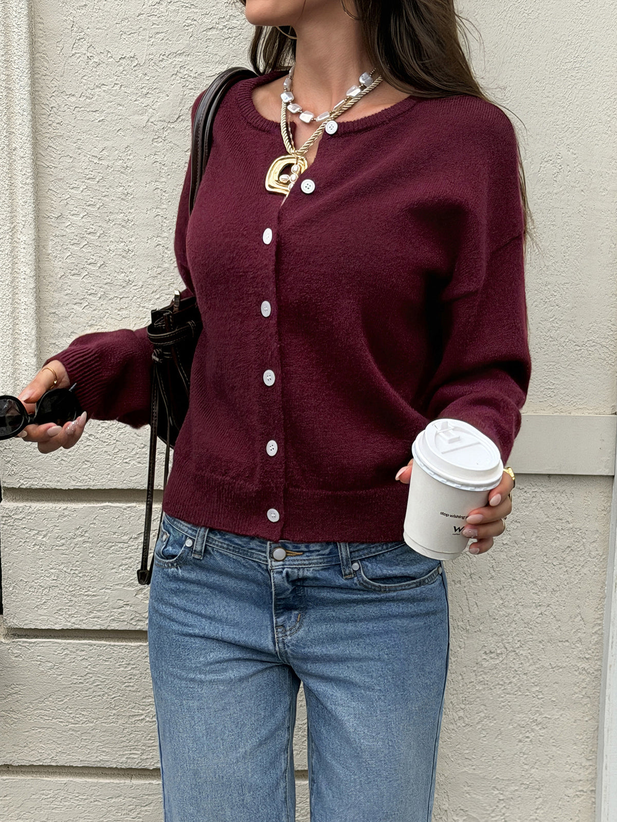 Women's Burgundy Cropped Knit Cardigan Button Up