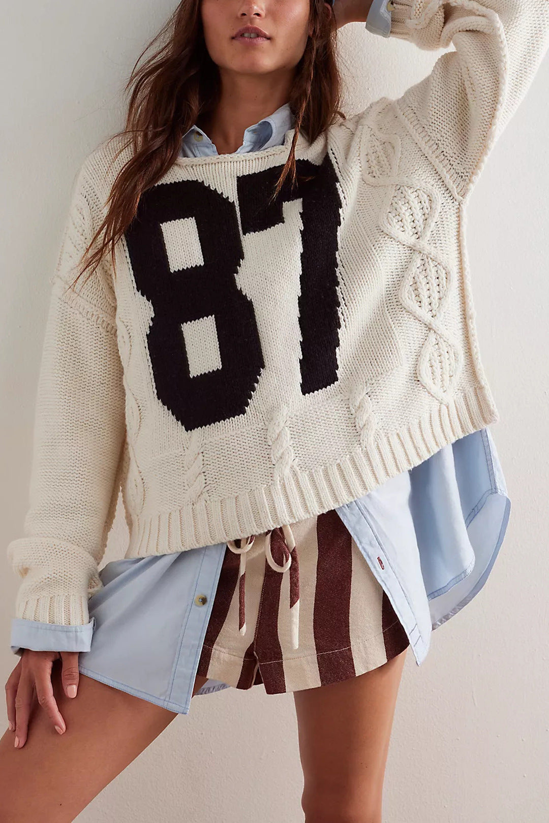 Casual Colorblock Knit Sweater with Number Print