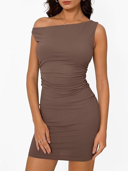 One Shoulder Ruched Bodycon Sleeveless Mini Dress for Women