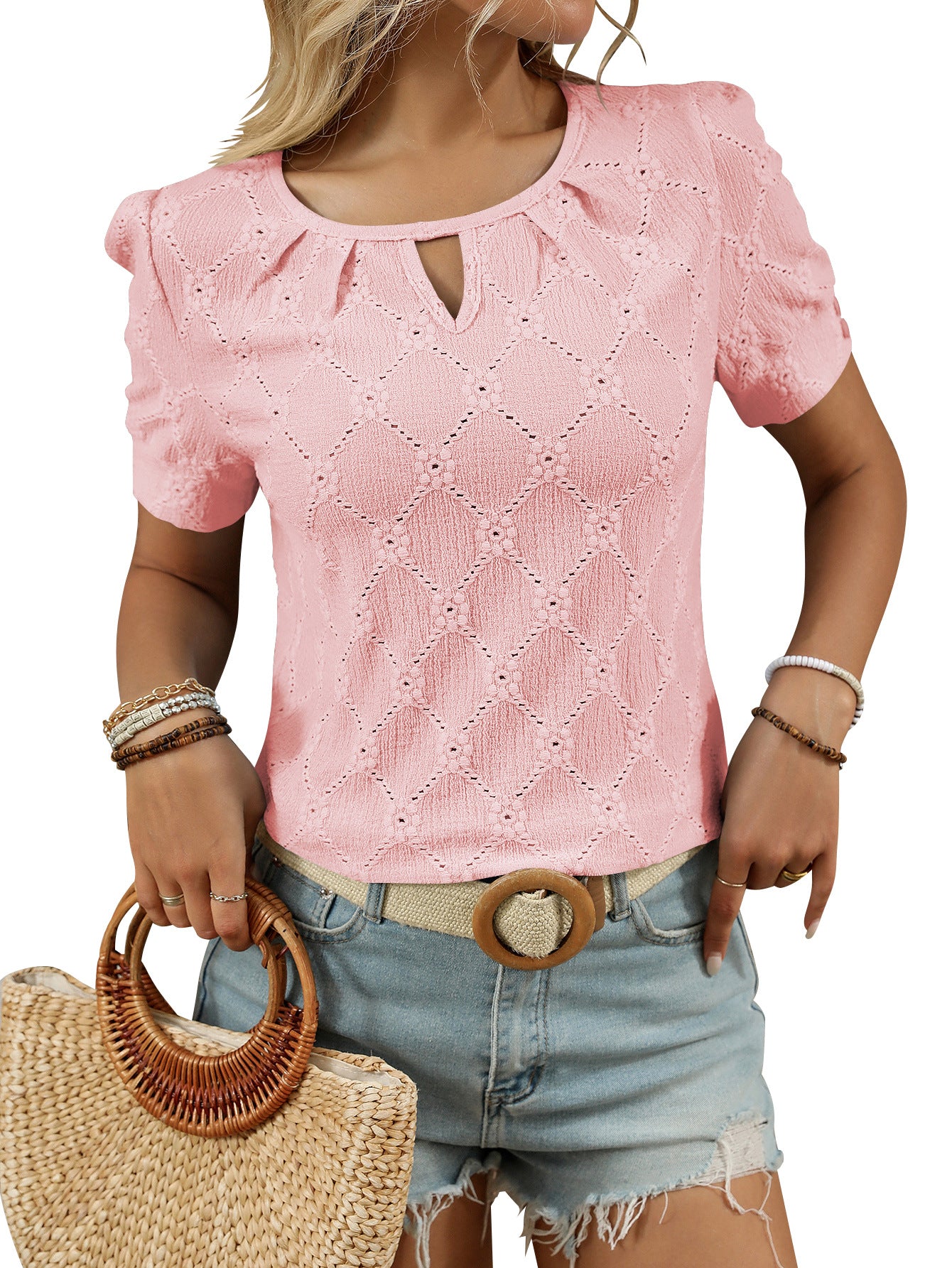 Women’s Eyelet Knit T Shirt Short Sleeve Summer Top