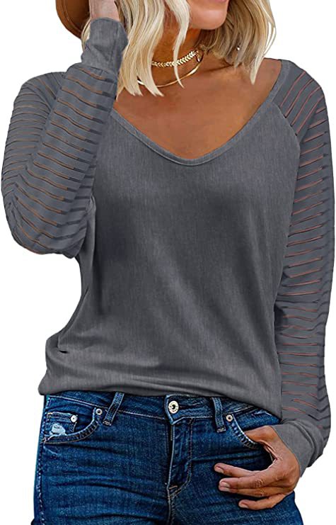 Striped Cotton Top Casual V Neck Sheer Sleeves