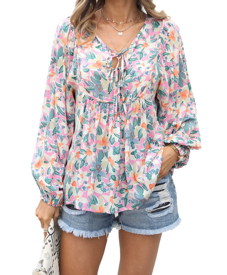 Floral Tie Neck Blouse Ruffle Long Sleeve Relaxed Fit