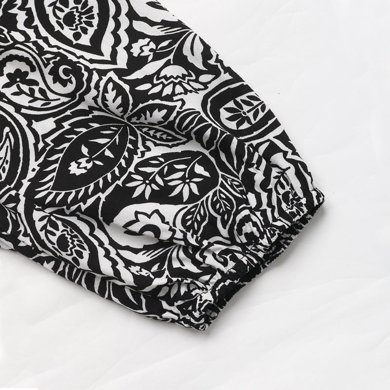 Black Paisley Print V-Neck Long Sleeve Maxi Dress