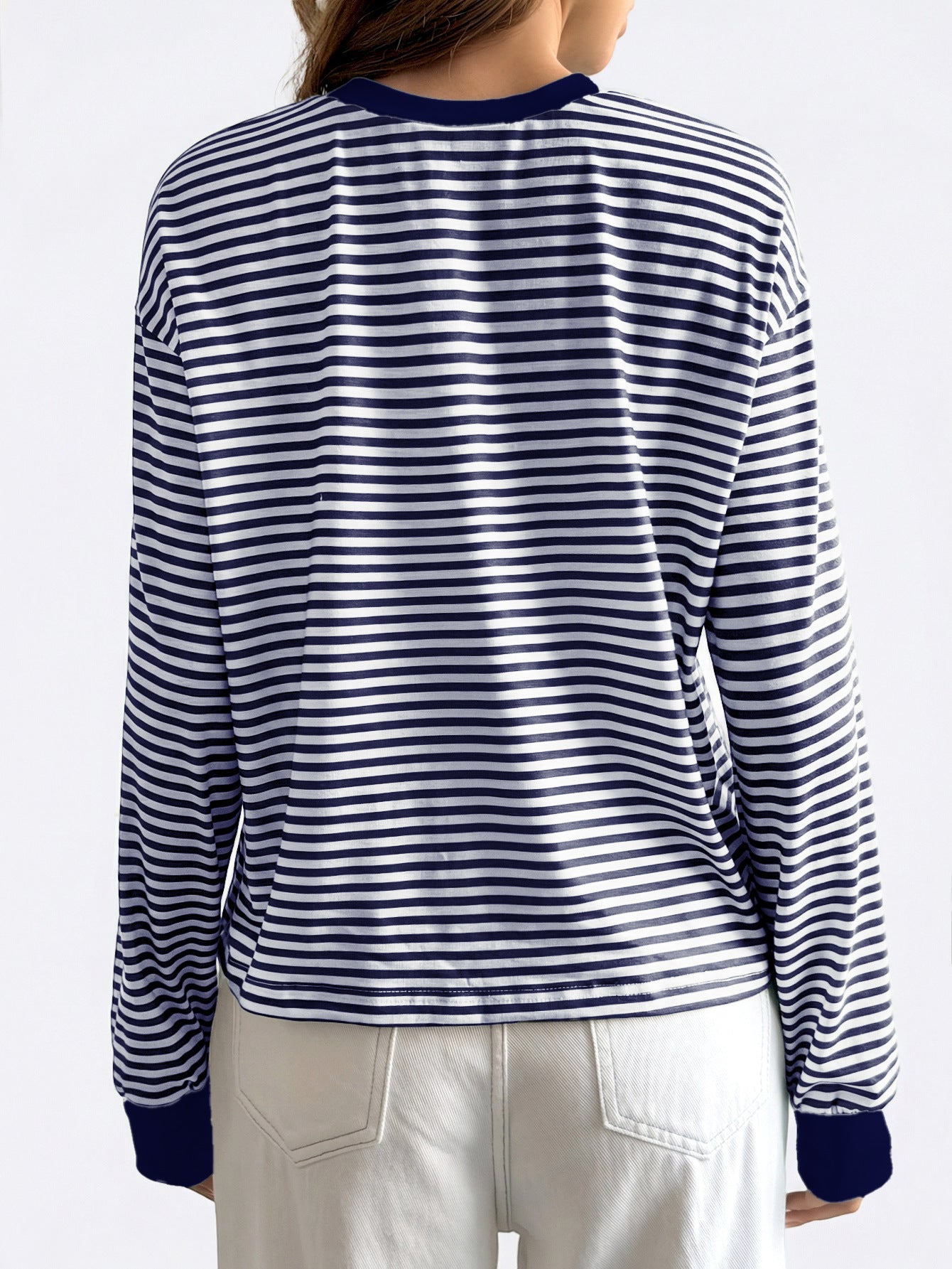 Striped Polyester Tee Casual Oversized Long Sleeve