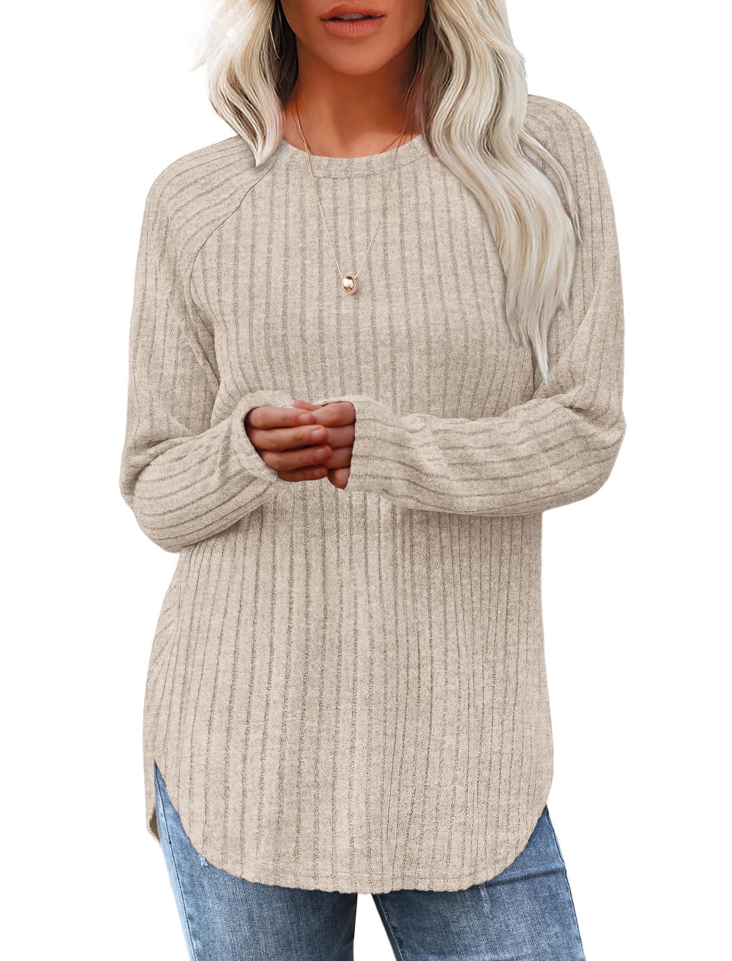 Solid Ribbed Knit Tunic Top Curved Hem Long Sleeve