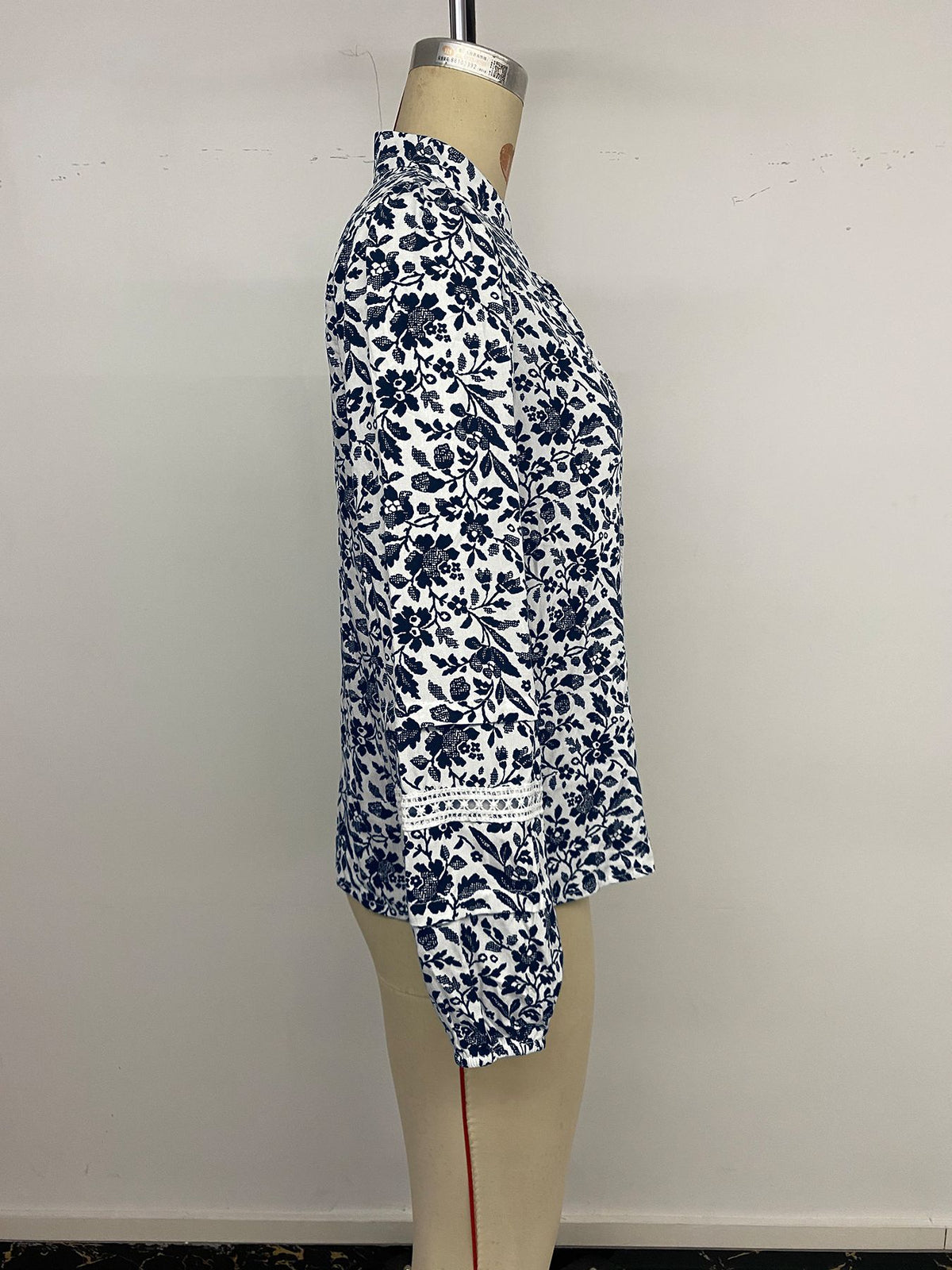 Floral Tie Neck Blouse Stand Collar Long Sleeve Top
