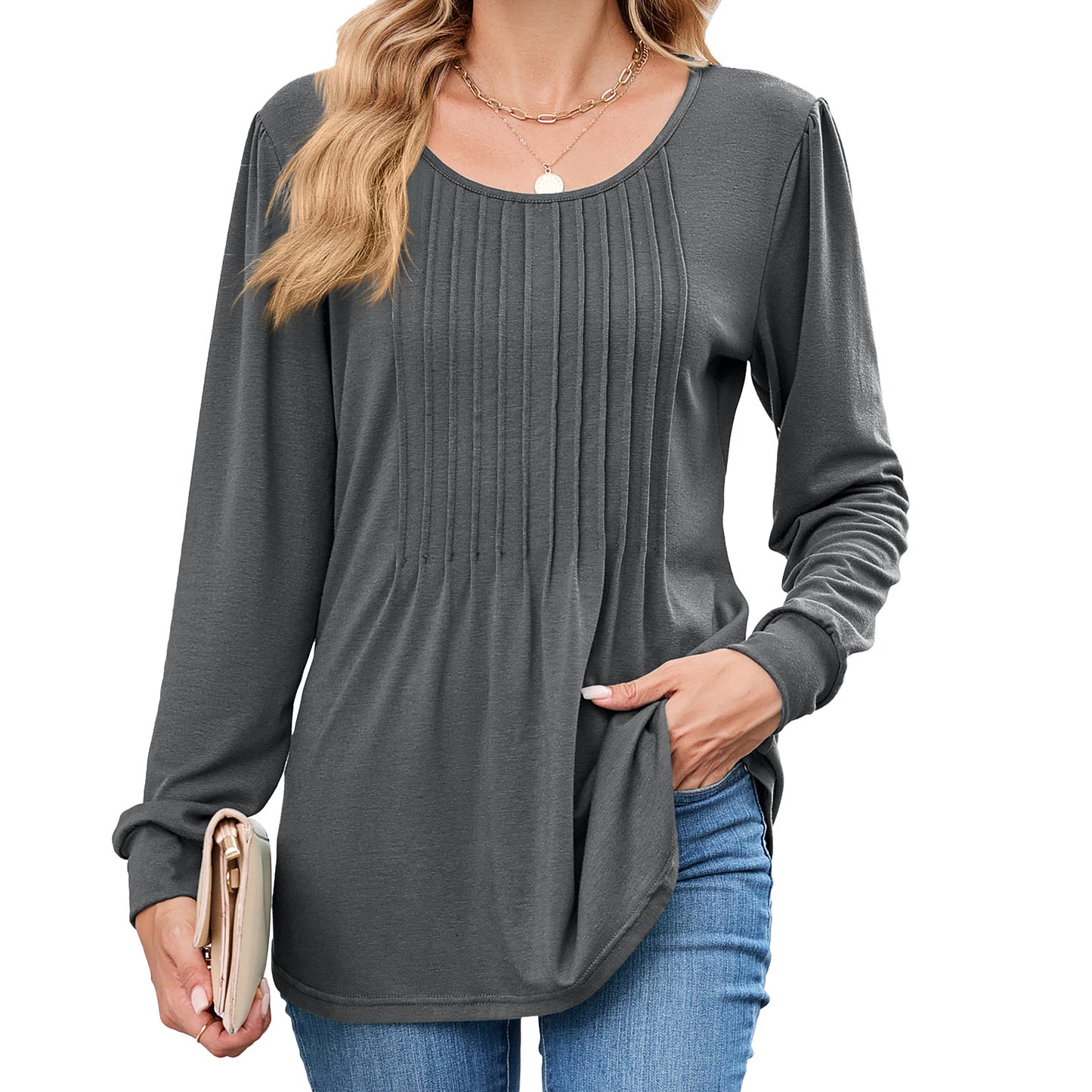 Women's Pleated Front Long Sleeve Tunic Top Loose Fit