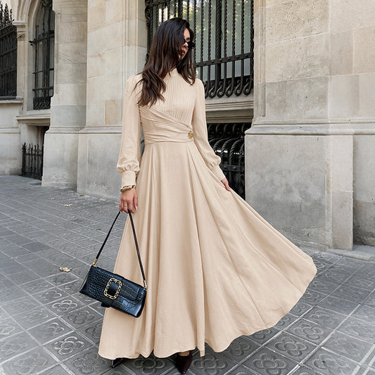 Mock Neck Balloon Sleeve Pleated A-Line Maxi Dress