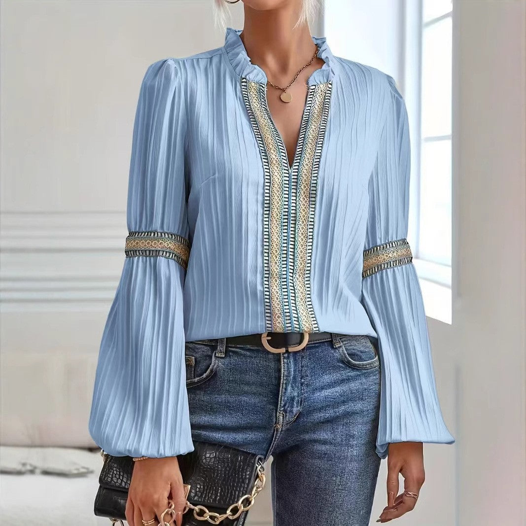 Pleated Embroidered Trim Bell Sleeve Blouse