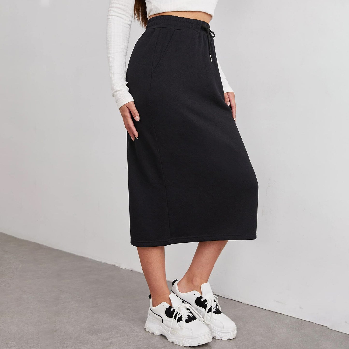 Solid Cotton Blend Skirt Casual Midi Drawstring Pocket