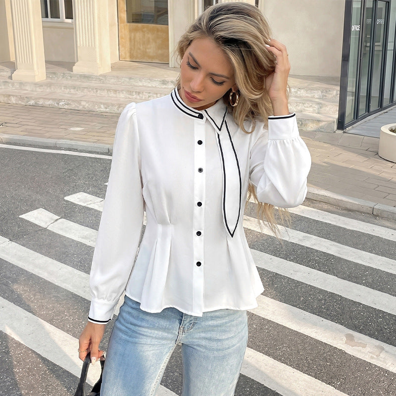Contrast Blouse Workwear Tie-Neck Peplum
