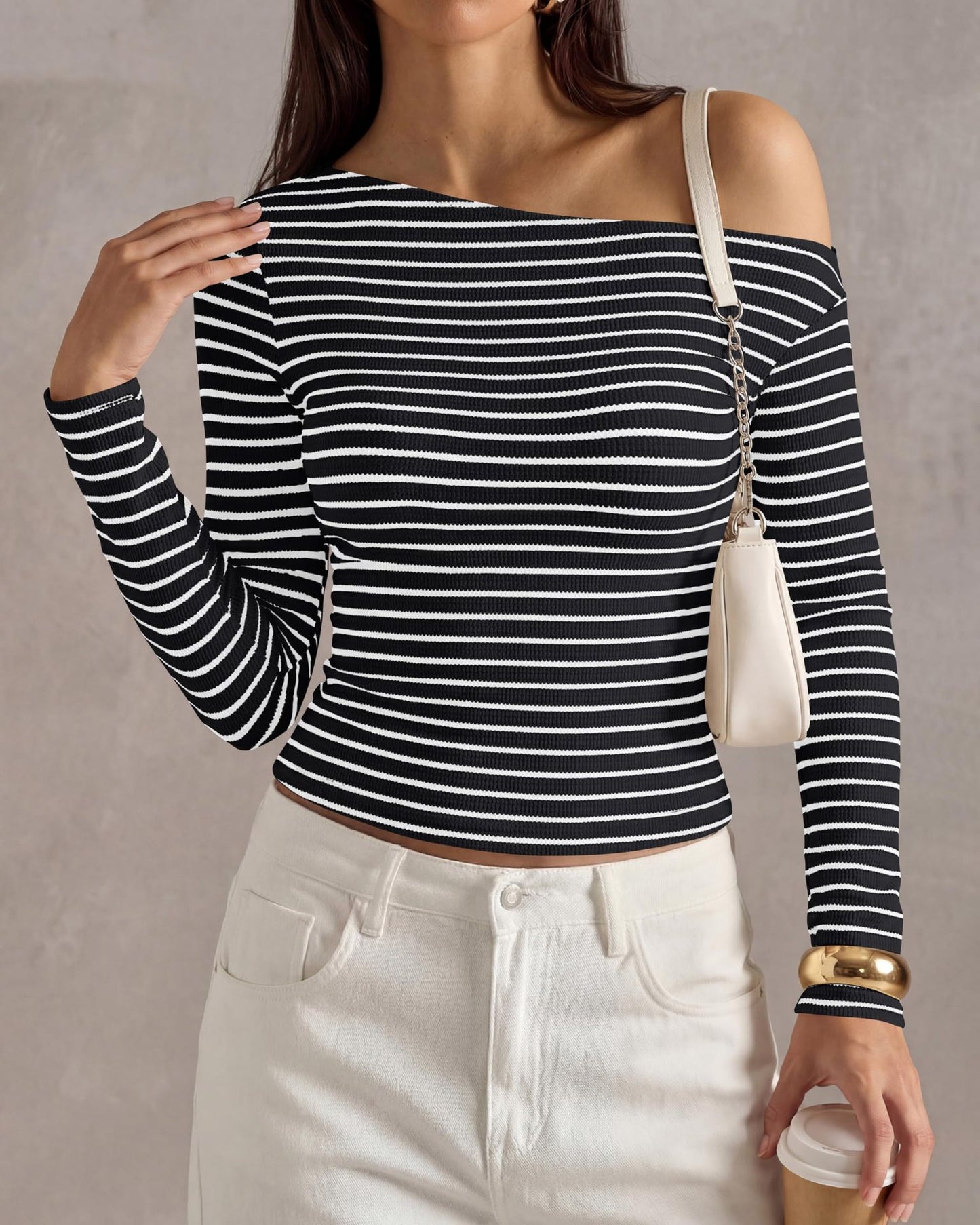 Ribbed Off Shoulder Striped Long Sleeve Knit Top