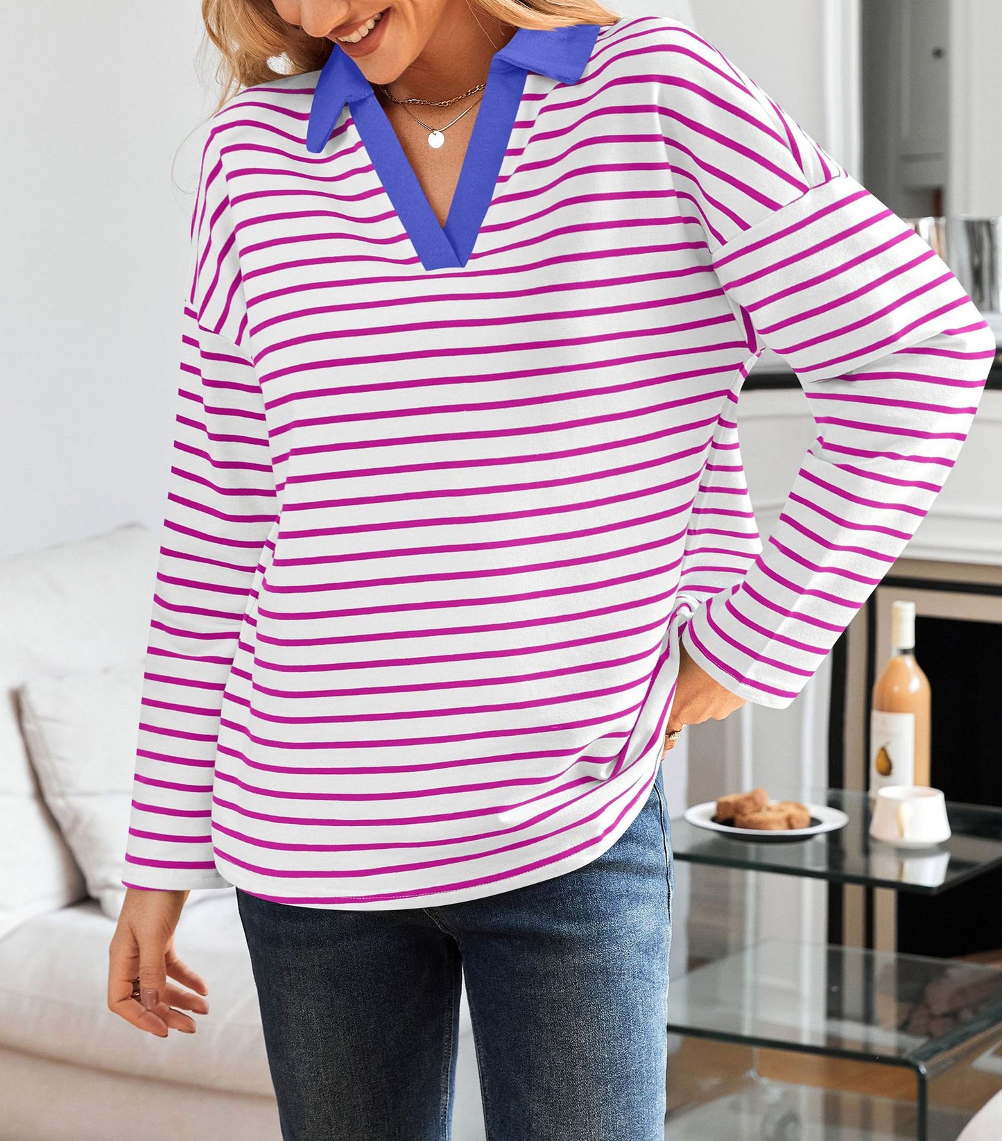 Striped V-neck Loose Sweatshirt Lapel Sweater
