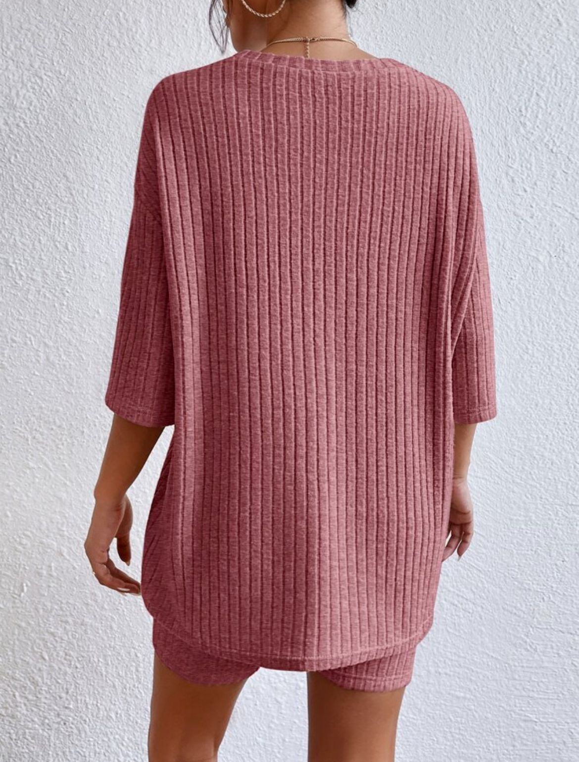 Ribbed Knit Two Piece Set Oversized Top & Biker Shorts