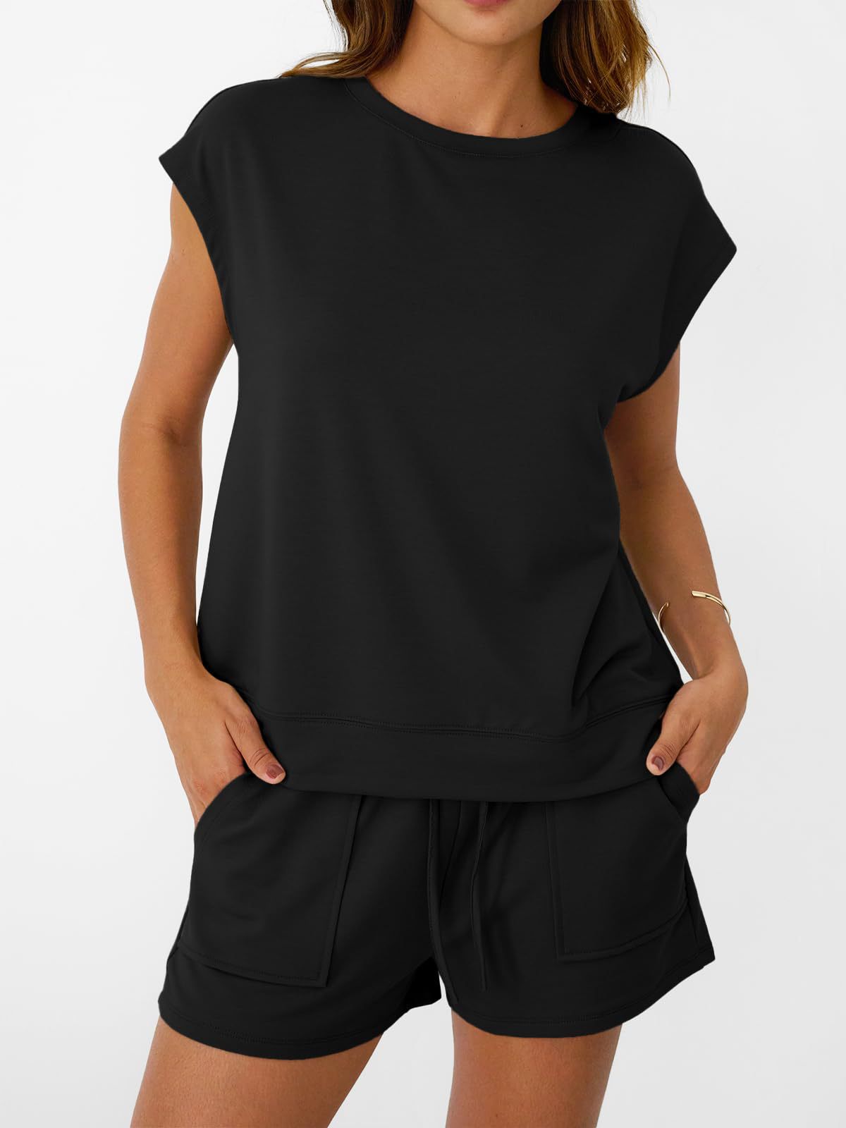 Solid Knit Lounge Set Casual Drawstring Pocket