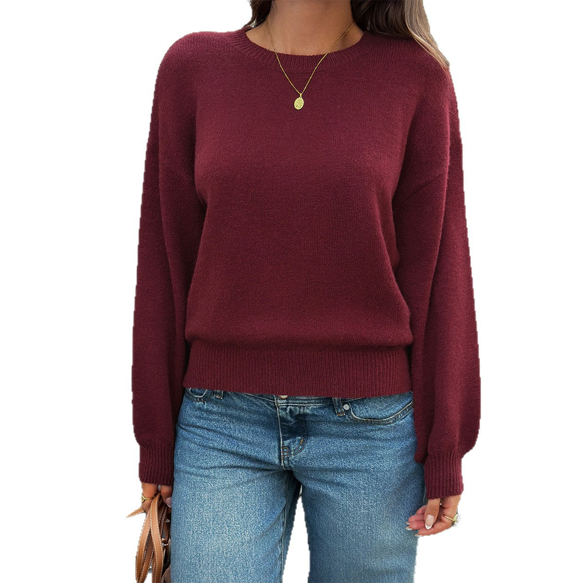 Oversized Burgundy Crewneck Sweater Drop Shoulder