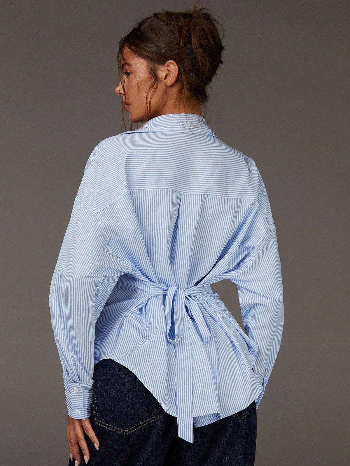 Women's Striped Tie Back Long Sleeve Button Up Shirt