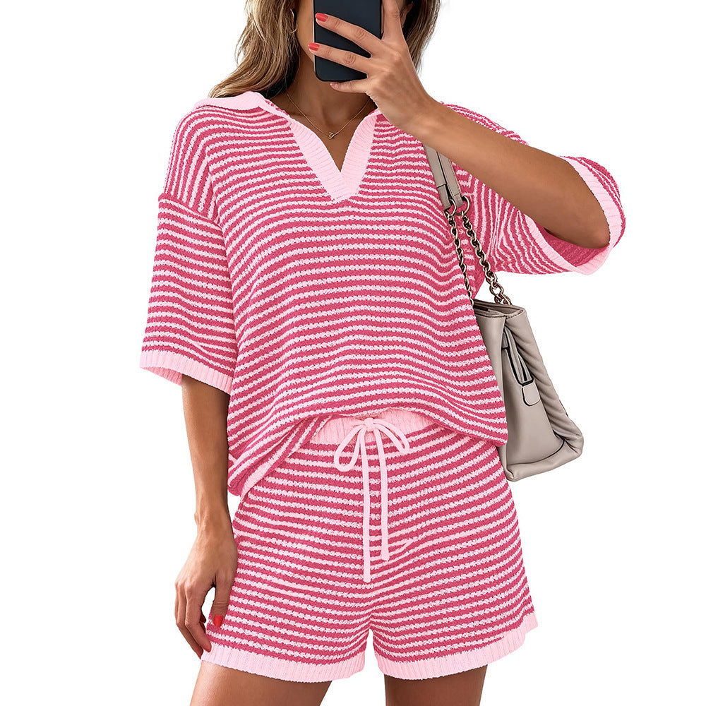 Womens Striped Knit Lounge Set V Neck Top Shorts