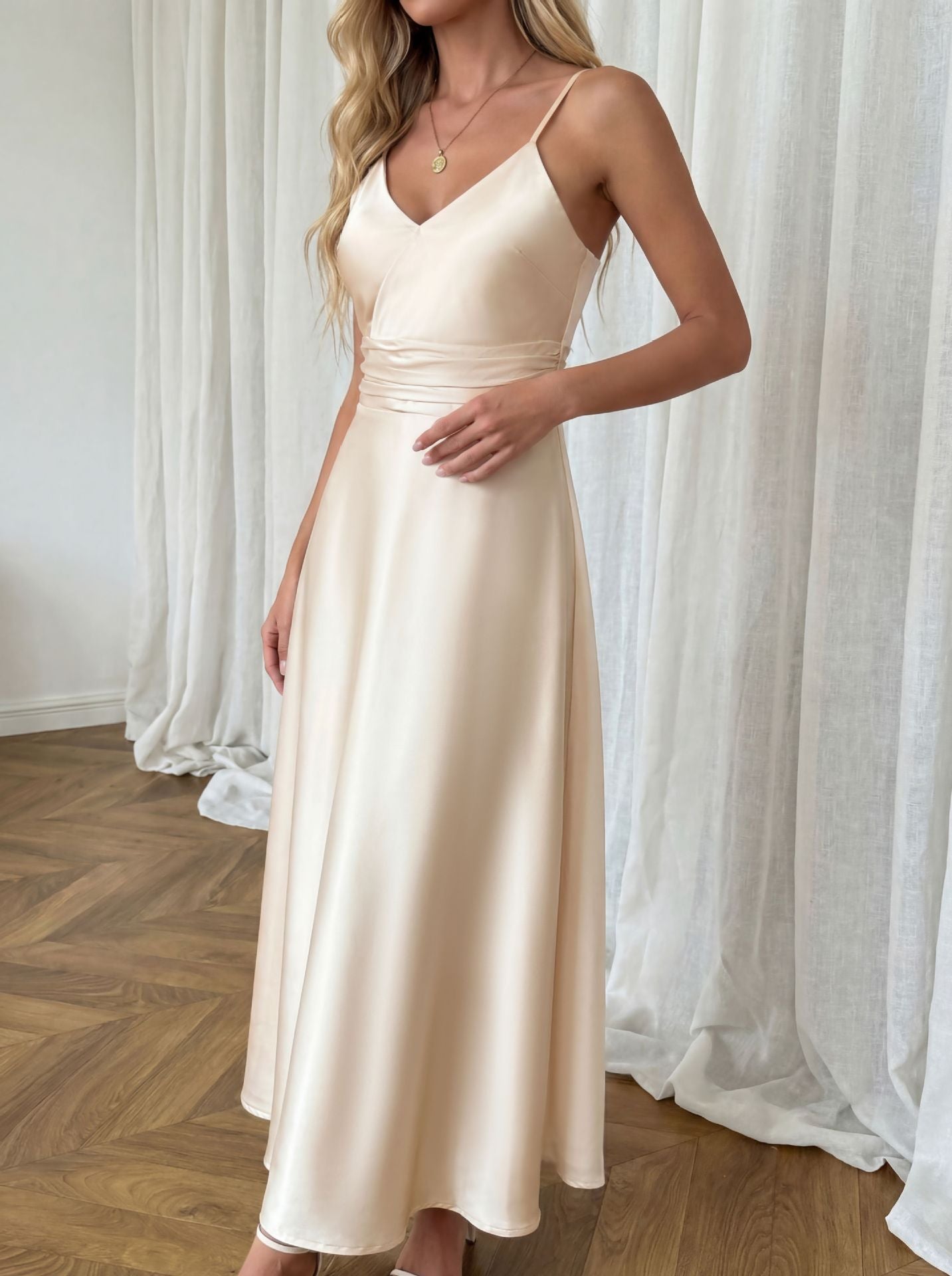Elegant Champagne Satin V Neck Maxi Dress