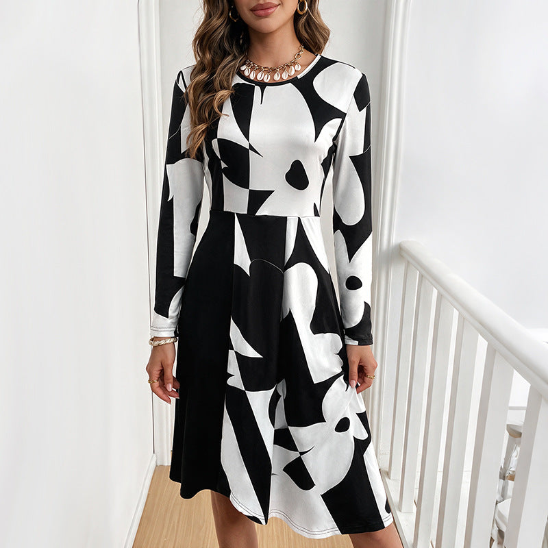 Abstract Print Long Sleeve Mini Dress Crew Neck Fit