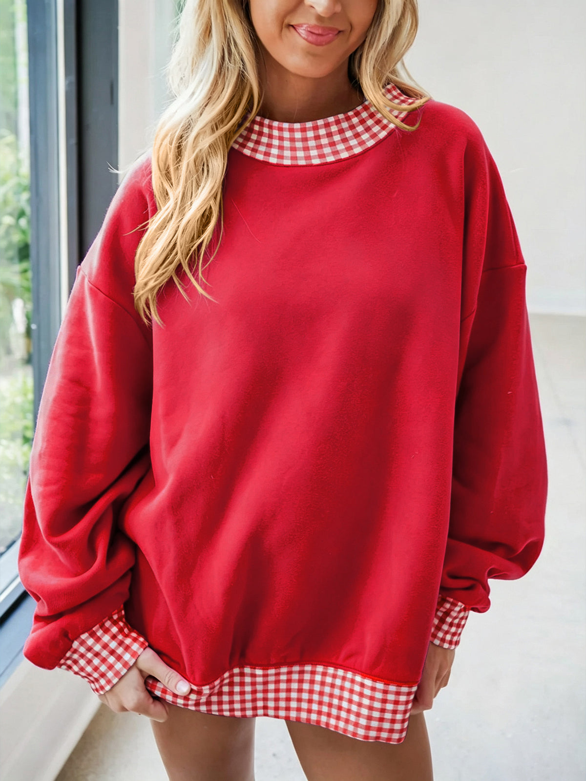 Women's Oversized Fleece Plaid Trim Mock Neck Sweatshirt