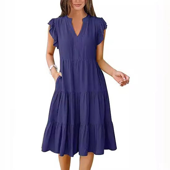 V Neck Flutter Sleeve Tiered Midi Dress with Pockets