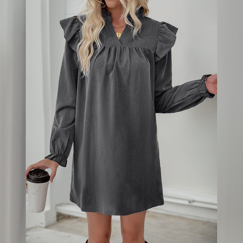 Solid Color Ruffle Edge Long-sleeved Stand-up Collar Dress