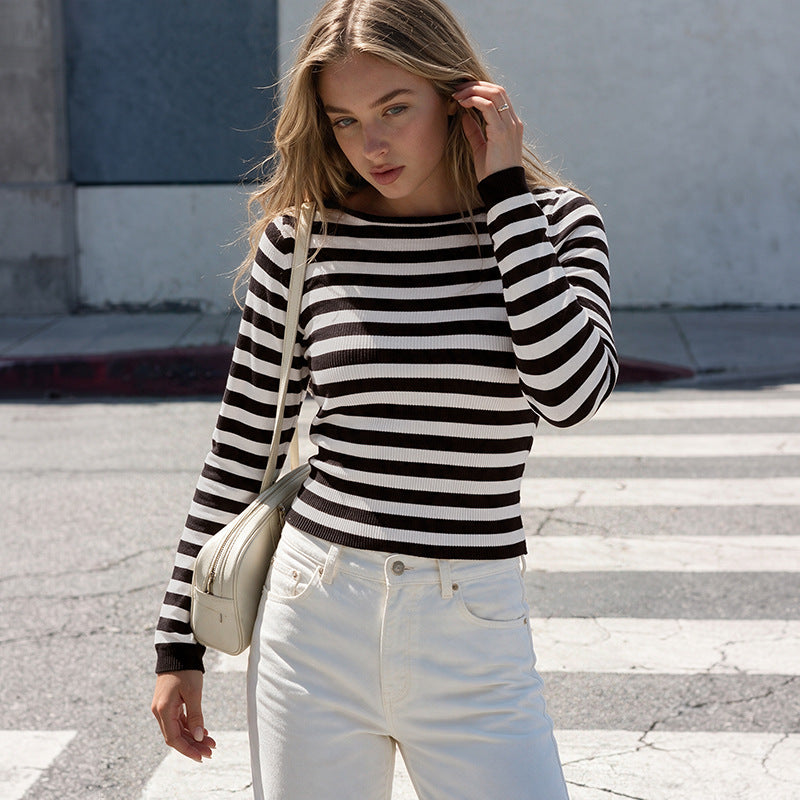 Striped Boat Neck Knit Sweater Long Sleeve Fitted Top