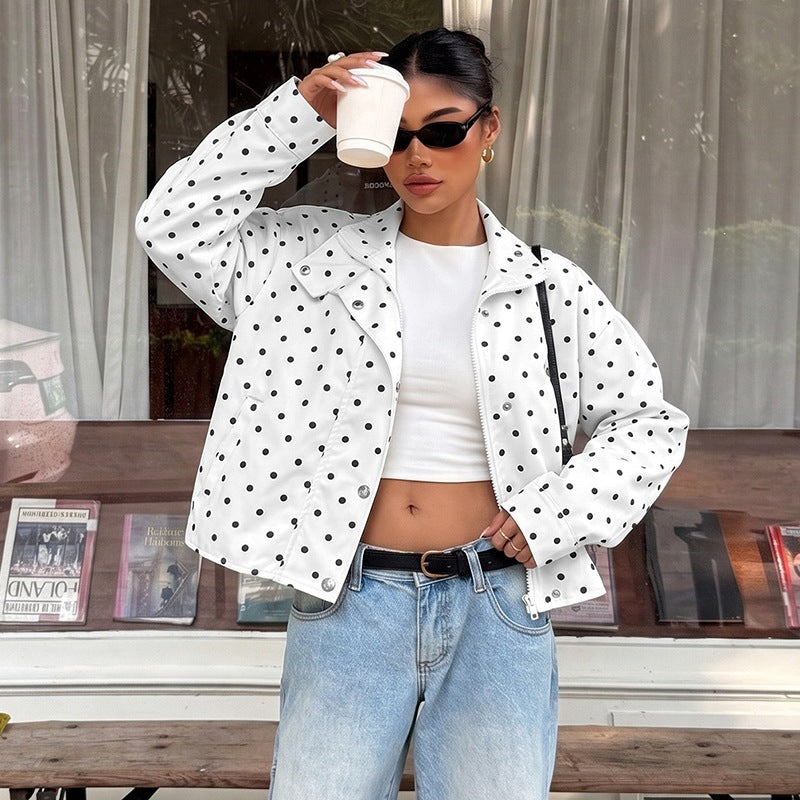 Polka Dot Cropped Zip Up Collared Jacket