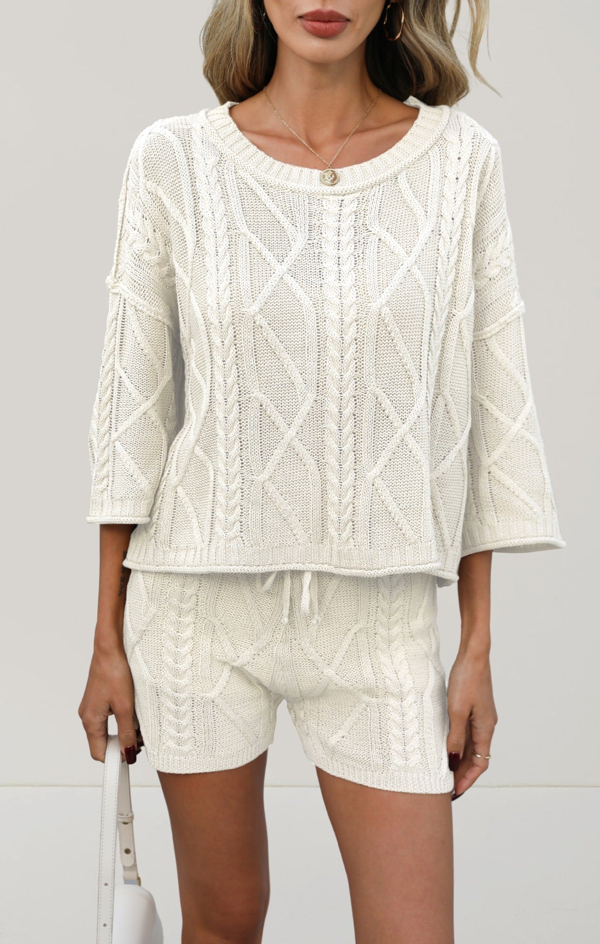 Khaki Knit Lounge Set Cable Textured Top Shorts Set