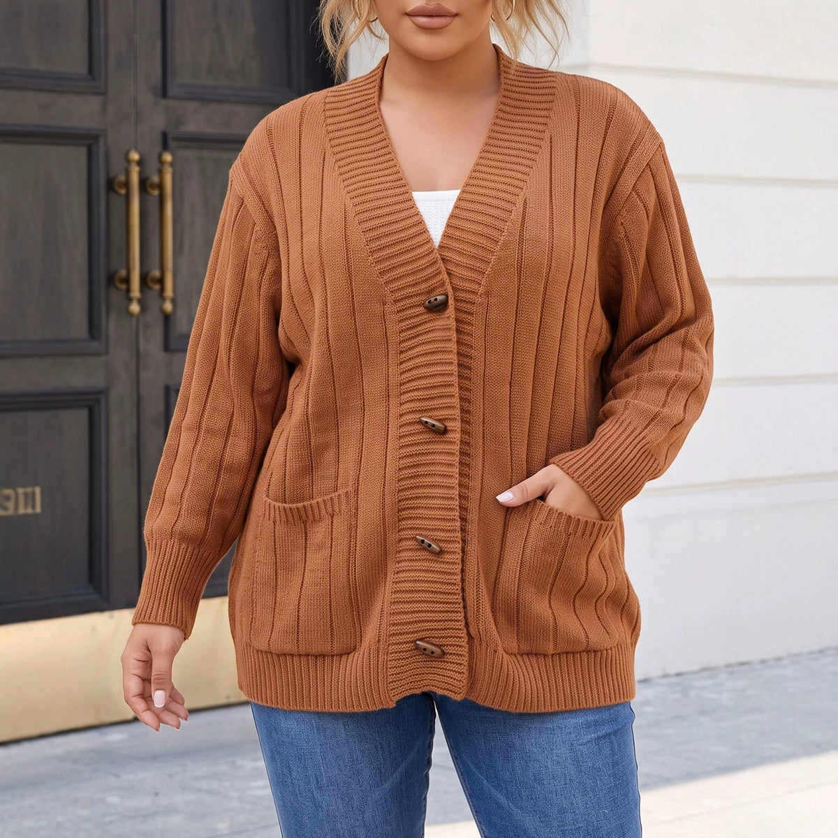 Women's Oversized Ribbed Cardigan Sweater Pockets