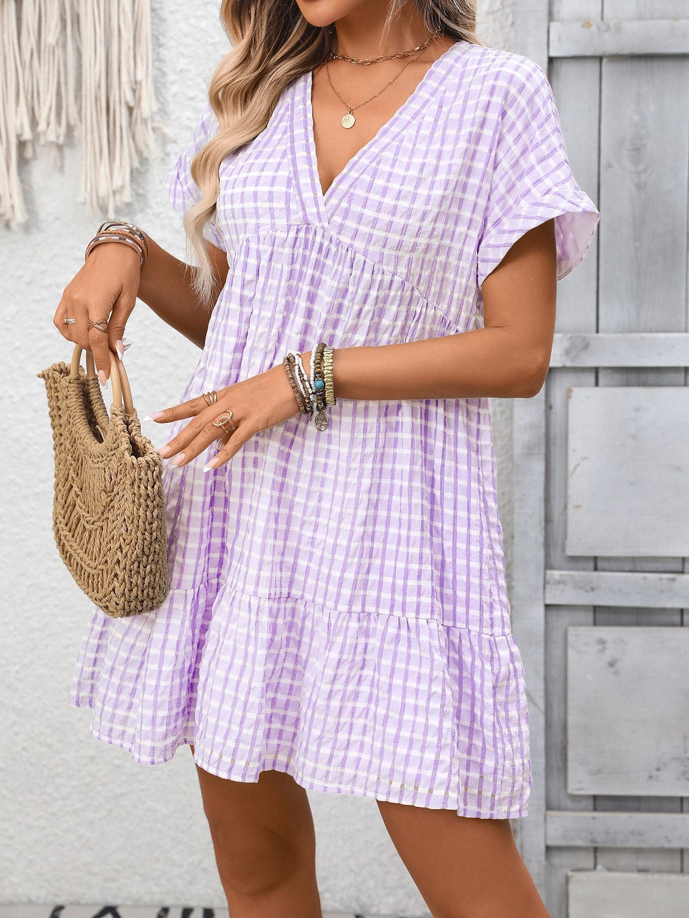 Gingham V Neck Short Sleeve Summer Dress with Ruffle Hem