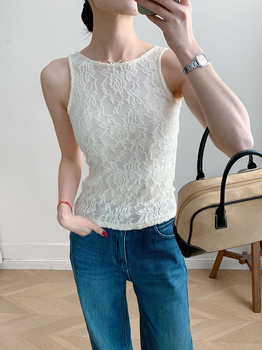 Women Lace Sleeveless Backless Slim Fit Tank Top