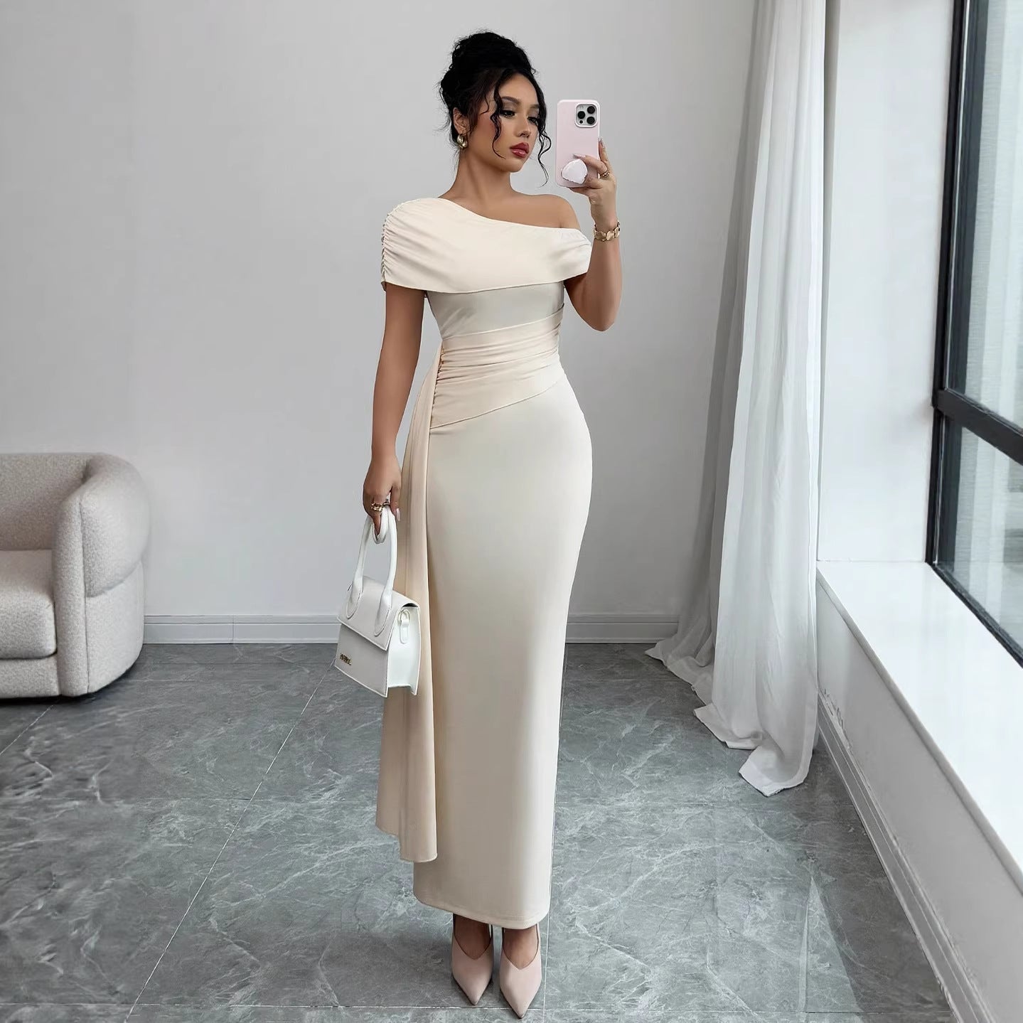 Off Shoulder Ruched Knit Maxi Dress for Women