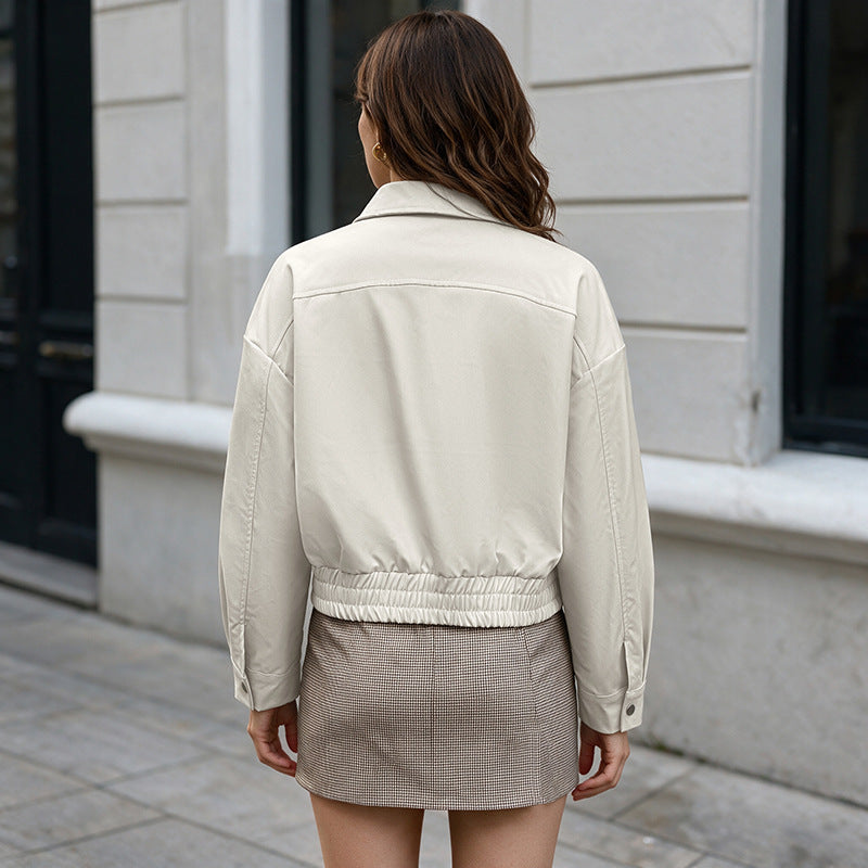 Cropped Collared Zip Up Bomber Jacket Relaxed Fit