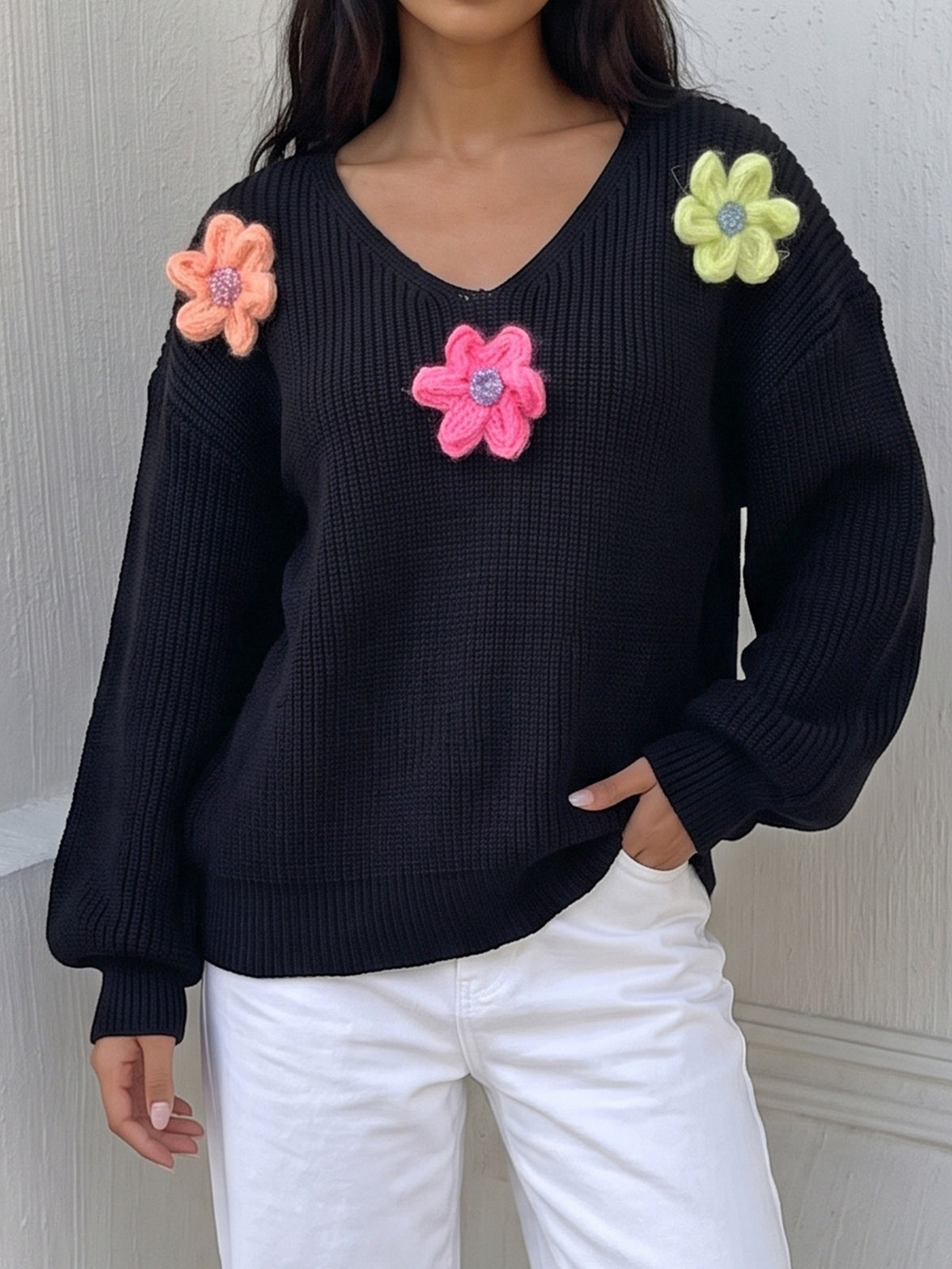 Women's Colorful Chunky Floral V Neck Knit Sweater