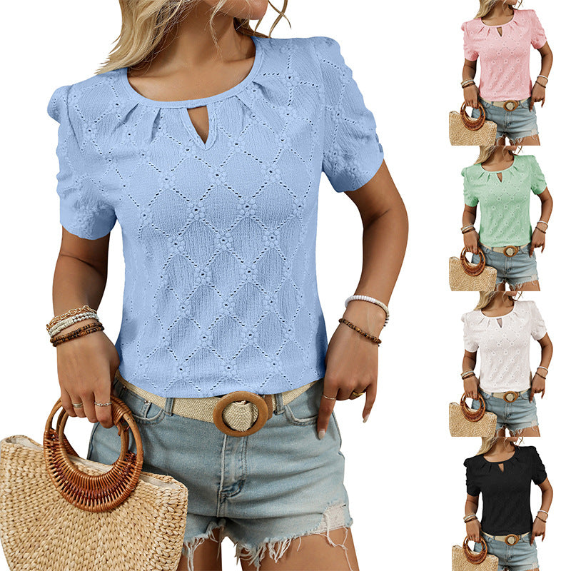 Women’s Eyelet Knit T Shirt Short Sleeve Summer Top