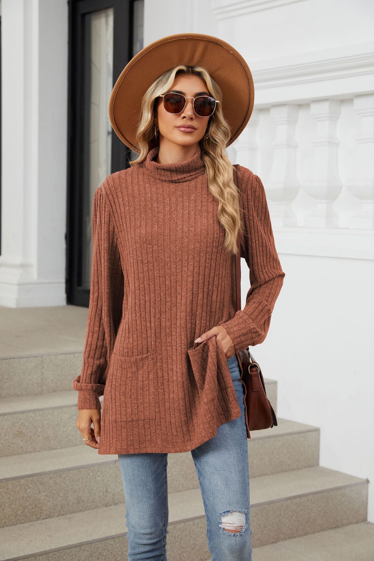 Half Turtleneck Loose Split Pocket T-shirt Top