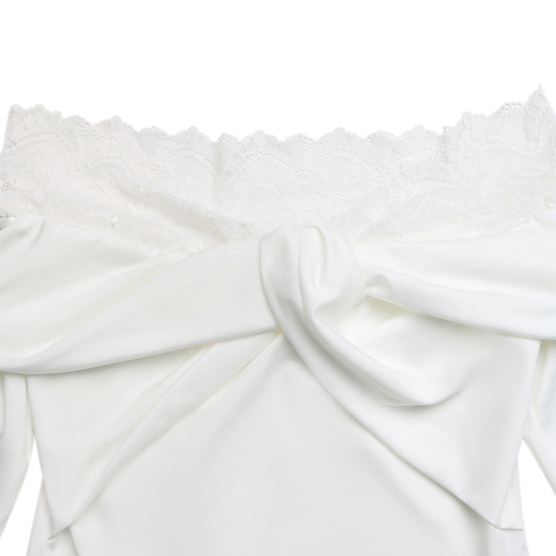 Off Shoulder Lace Trim Long Sleeve White Bodysuit