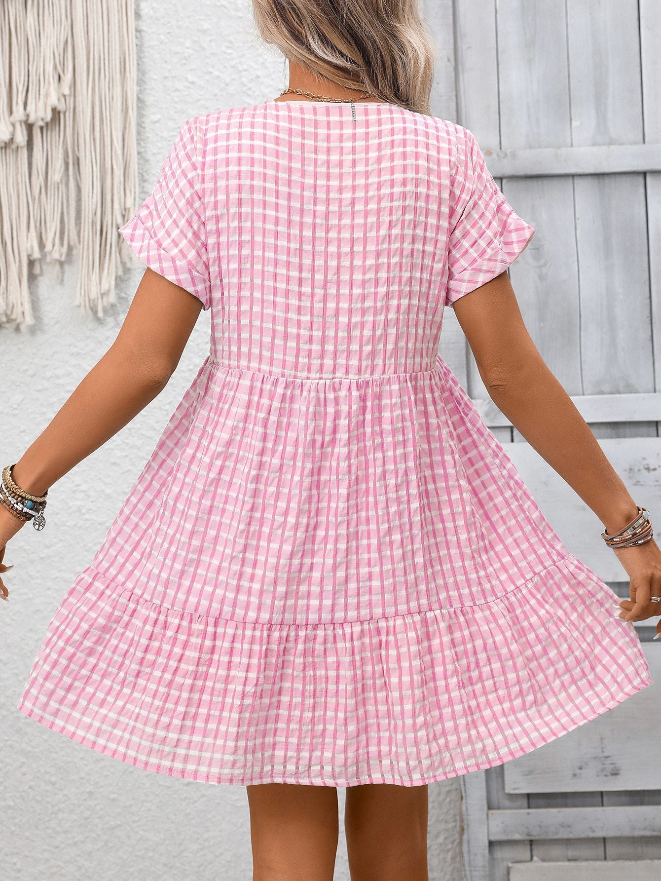Gingham V Neck Short Sleeve Summer Dress with Ruffle Hem